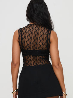 back view of model wearing Princess Polly Liedman Bodysuit Black Sleeveless Crew Neck 