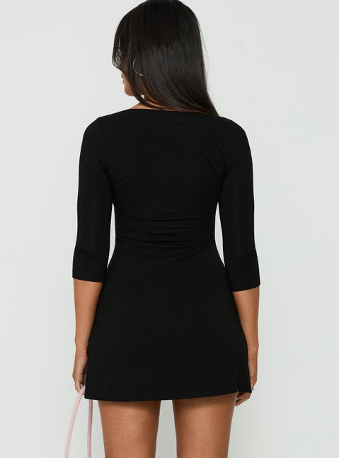 Florisa 3/4 Sleeve V Neck Mini Dress Black
