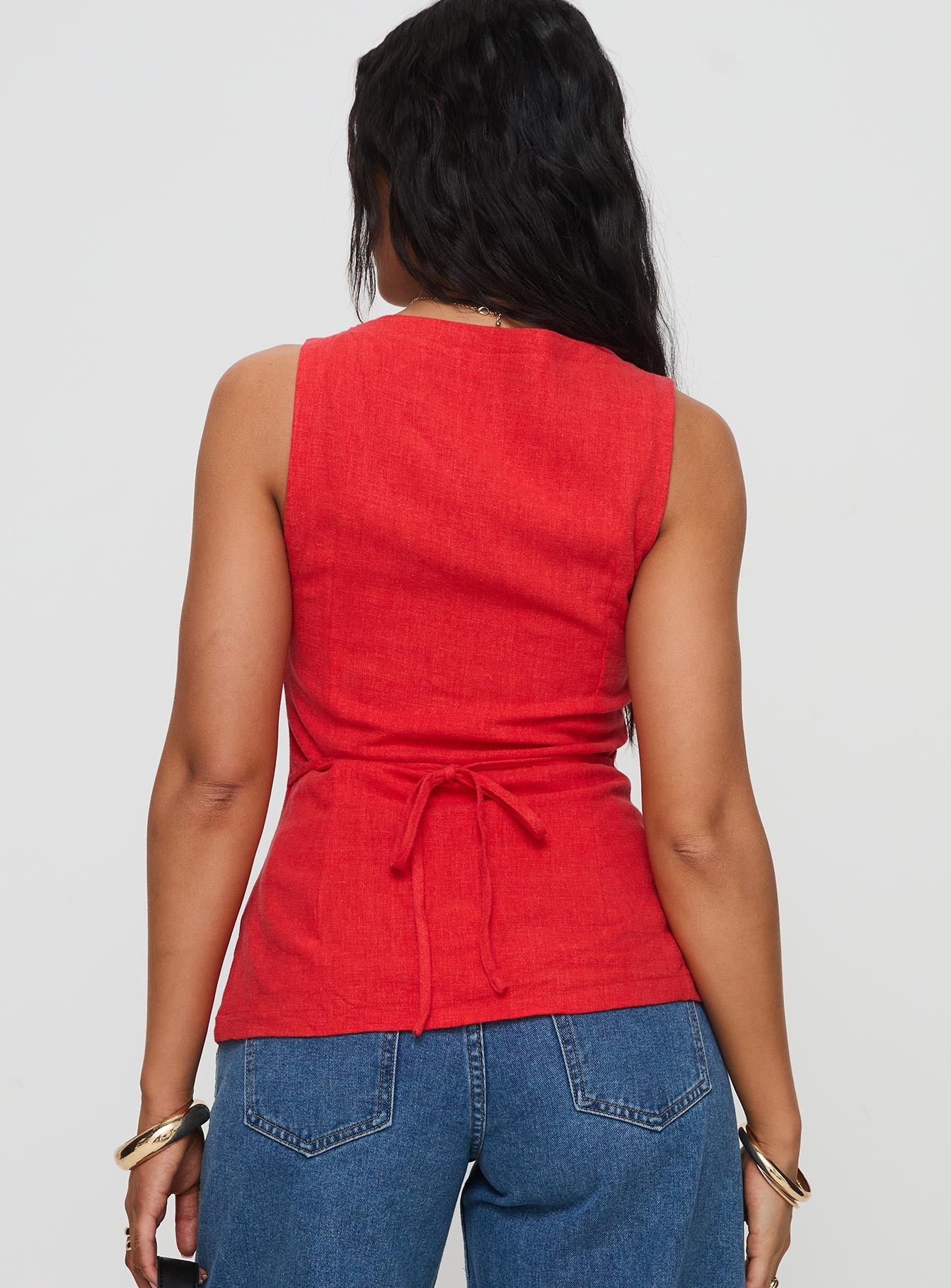 back view of model wearing Princess Polly Spirito Vest Top Red Sleeveless Scoop Neck 
