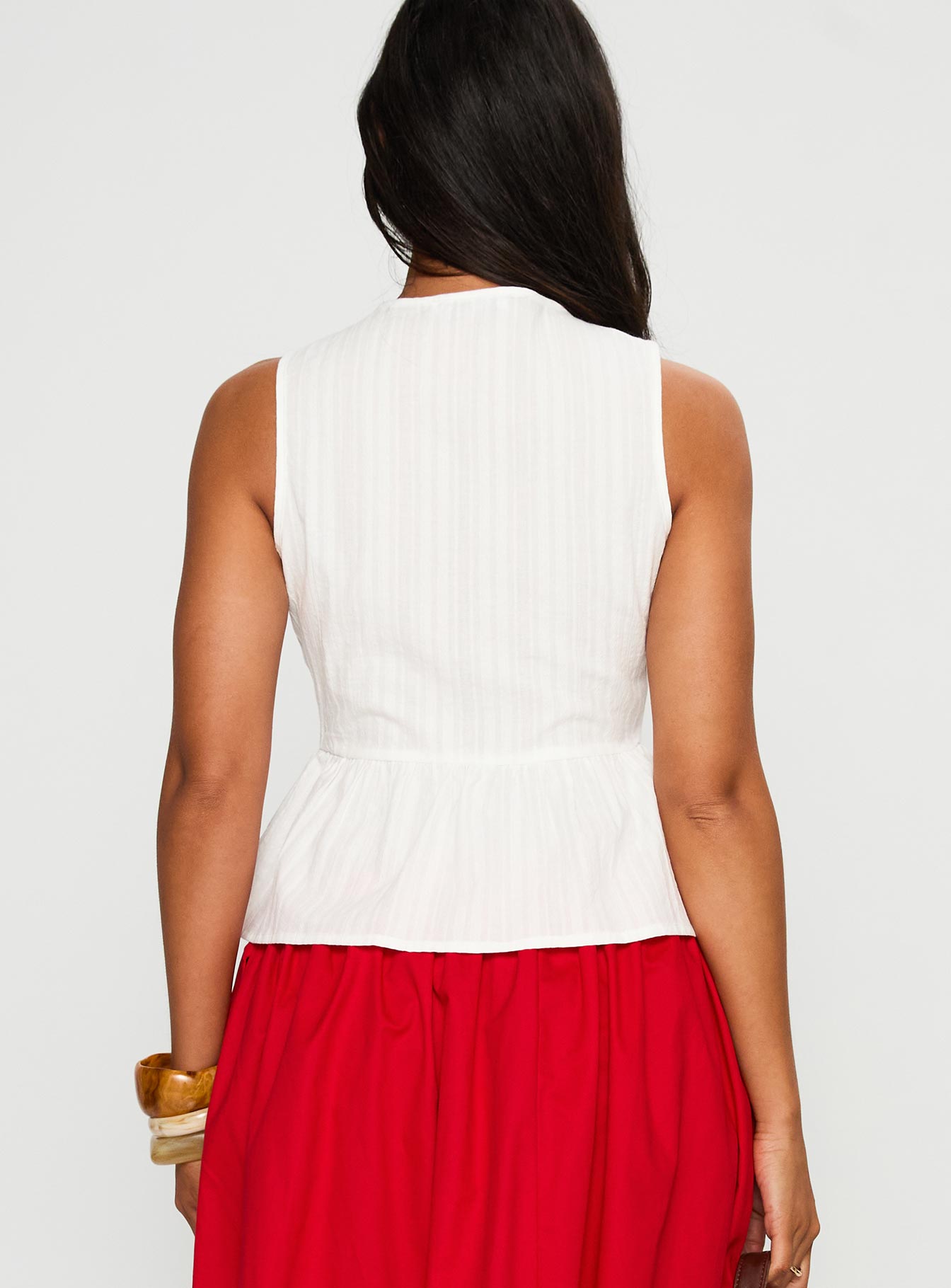 back view of model wearing Princess Polly Rosellah Tie Up Top White Sleeveless Crew Neck 
