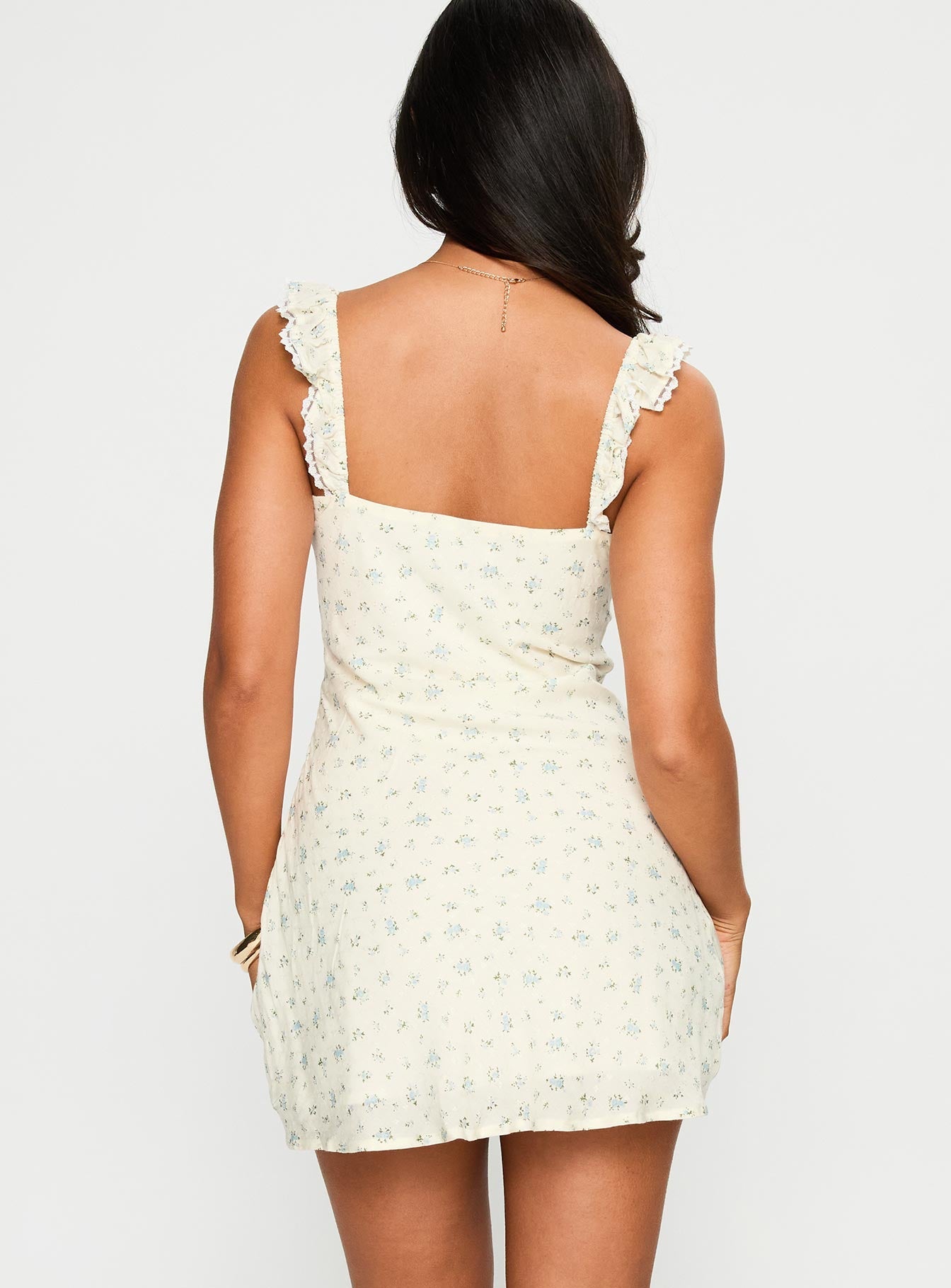 back view of model wearing Princess Polly Beacall Mini Dress Multi Floral Scoop Neck 
