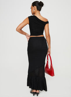 Bias cut maxi skirt, mid-rise, textured material Thin elasticated waistband, frill hem Good stretch, fully lined 