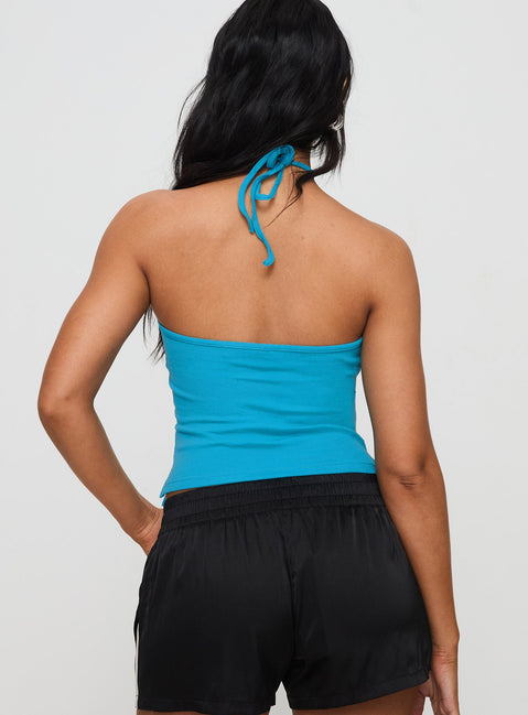 back view of model wearing Princess Polly Baseline Halter Rib Top Blue Sleeveless 