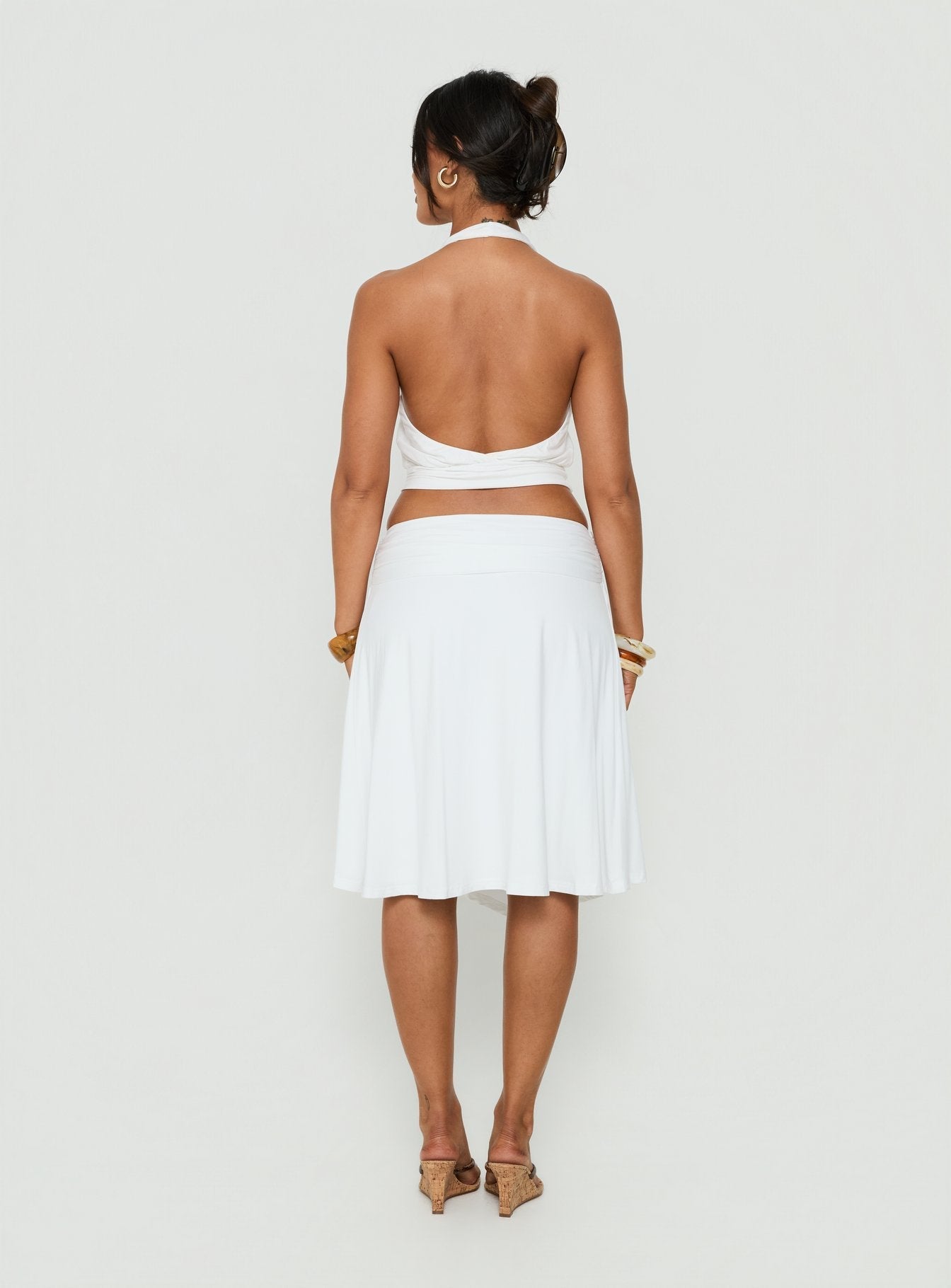 Soft Focus Tie Waist Midi Skirt White