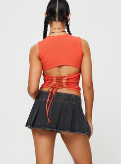 back view of model wearing Princess Polly Allure 90's Mini Skort Charcoal Low Rise Shorts 