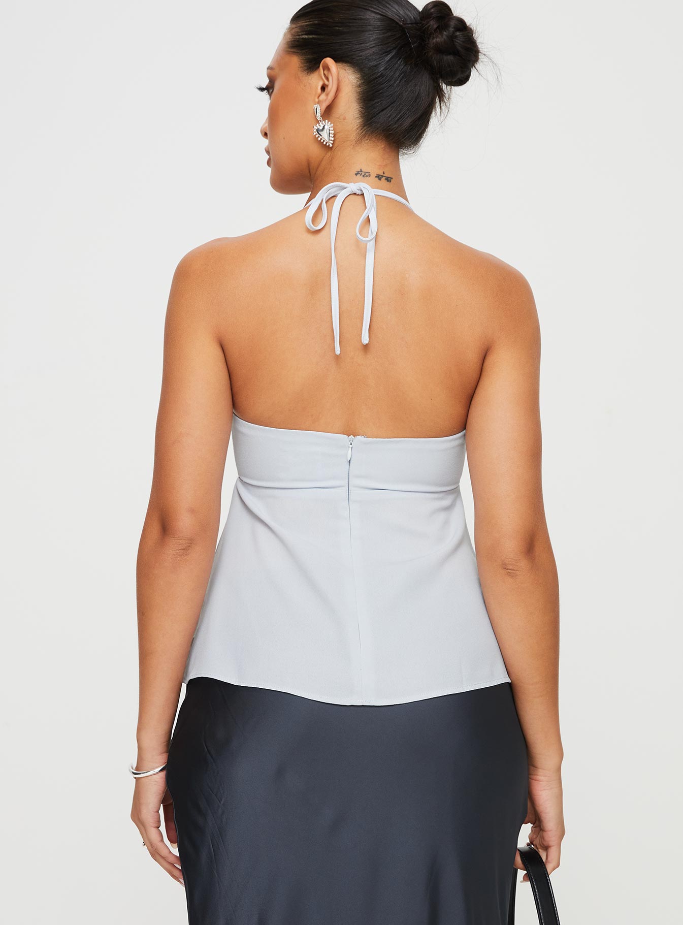 back view of model wearing Princess Polly Orwell Top Blue Sleeveless Plunger 