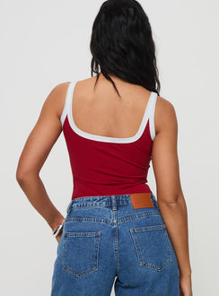 back view of model wearing Princess Polly Astrea Bodysuit Red / White Sleeveless Scoop Neck 