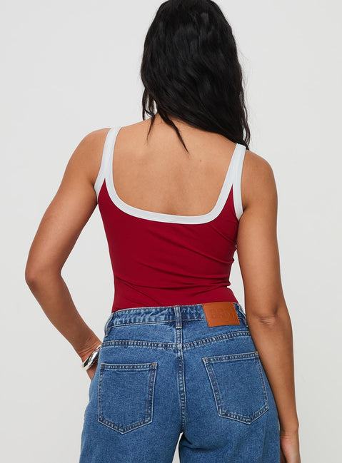 back view of model wearing Princess Polly Astrea Bodysuit Red / White Sleeveless Scoop Neck 