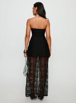 Aleda Sheer Lace Detail Strapless Maxi Dress Black