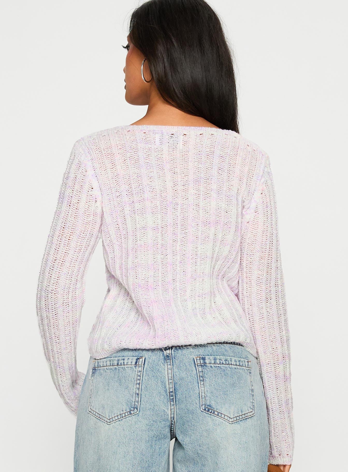 back view of model wearing Princess Polly Lenker Knit Jumper Lilac Cropped 