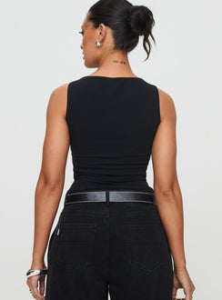 back view of model wearing Princess Polly Bleeker High Neck Top Black Sleeveless Boat Neck 