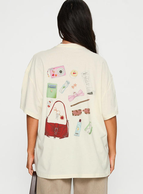 back view of model wearing Princess Polly What's In My Bag Graphic Top Cream / Multi Half Sleeves Crew Neck 