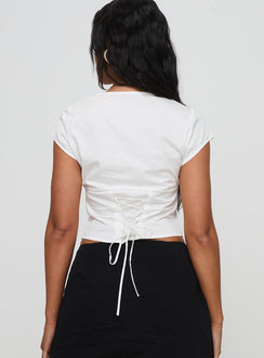 back view of model wearing Princess Polly Mikaelson Top White Short Sleeves Square Neck 