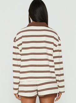 Eddi Long Sleeve Polo Top Cream / Brown Stripe
