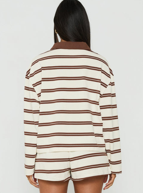 Eddi Long Sleeve Polo Top Cream / Brown Stripe