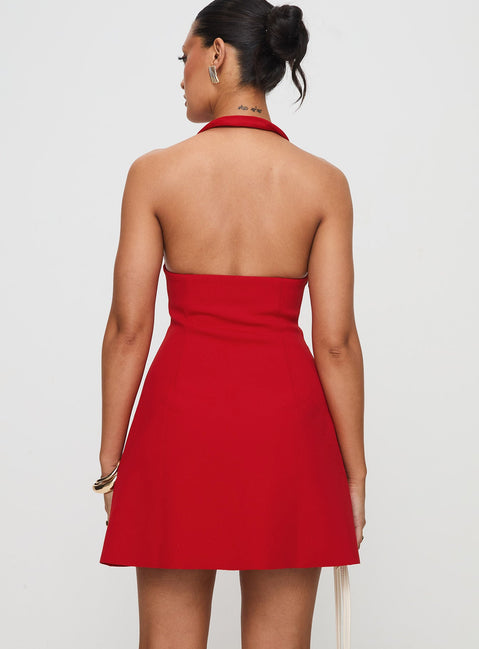 back view of model wearing Princess Polly Girly Girl Halter Mini Dress Red Plunger 