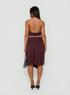 Presenting the Soft Focus Tie Waist Midi Skirt Plum Noir womens-skirts in maroon back view of model wearing Princess Polly