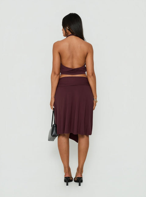 Presenting the Soft Focus Tie Waist Midi Skirt Plum Noir womens-skirts in maroon back view of model wearing Princess Polly