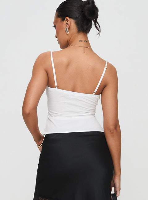 back view of model wearing Princess Polly Aruba Embroidered Cami White Sleeveless Plunger 