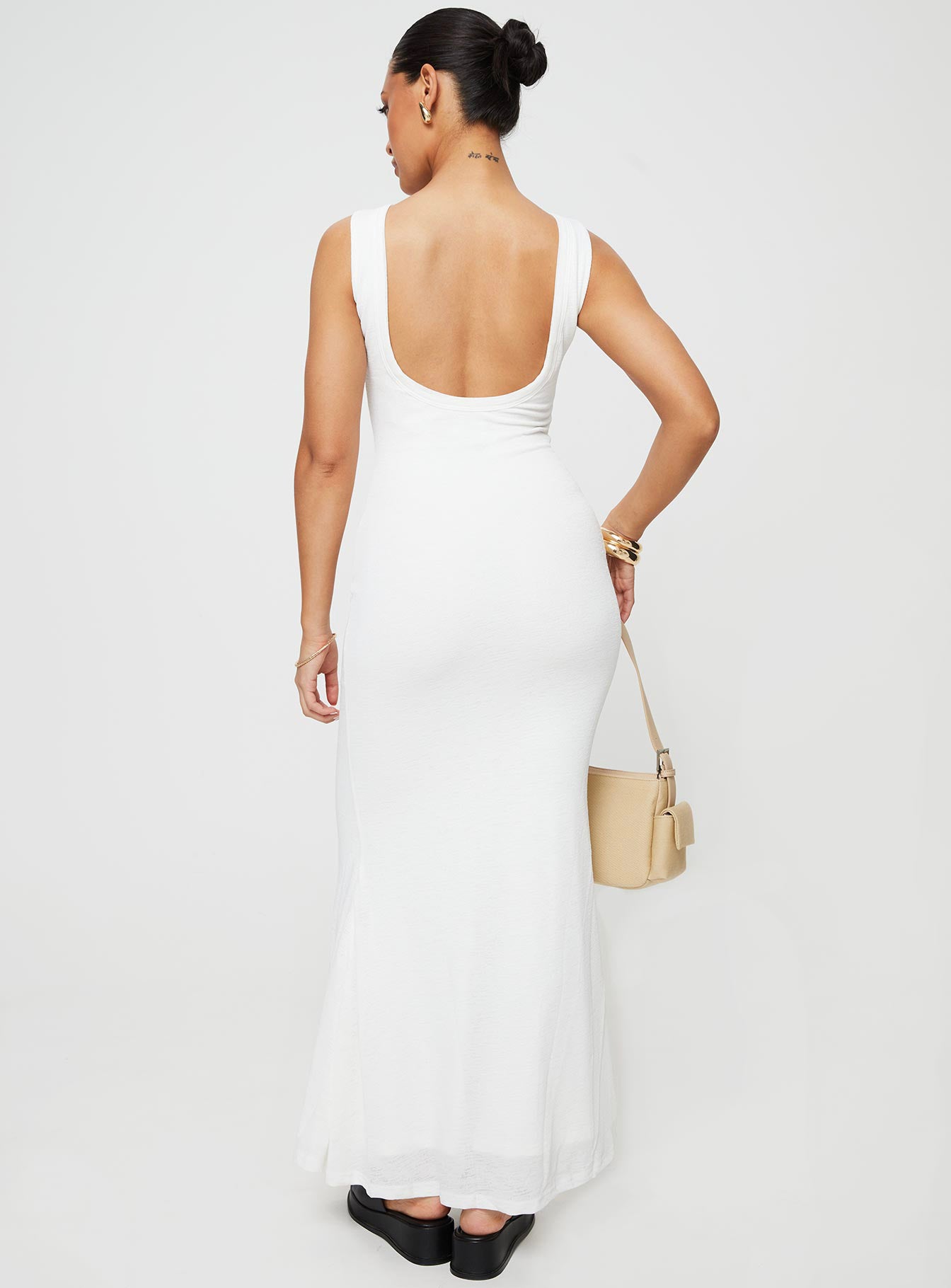 back view of model wearing Princess Polly Ashen Maxi Dress White Boat Neck 