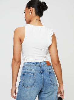 back view of model wearing Princess Polly Lavina Bodysuit White Sleeveless Crew Neck 