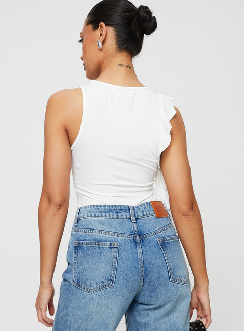 back view of model wearing Princess Polly Lavina Bodysuit White Sleeveless Crew Neck 