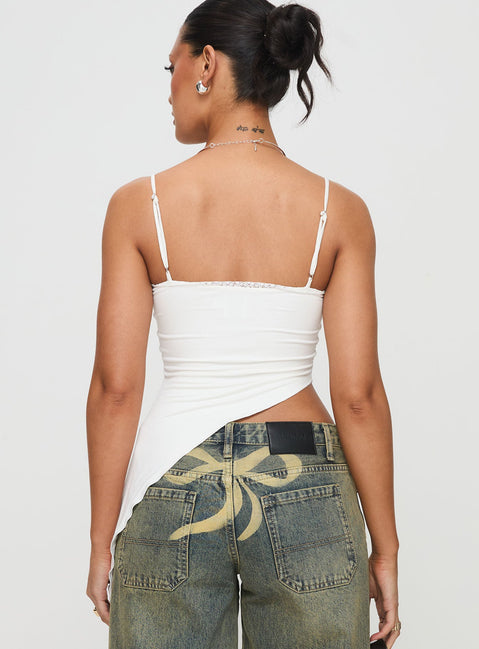 back view of model wearing Princess Polly Amabella Asymmetric Top White Sleeveless Square Neck 