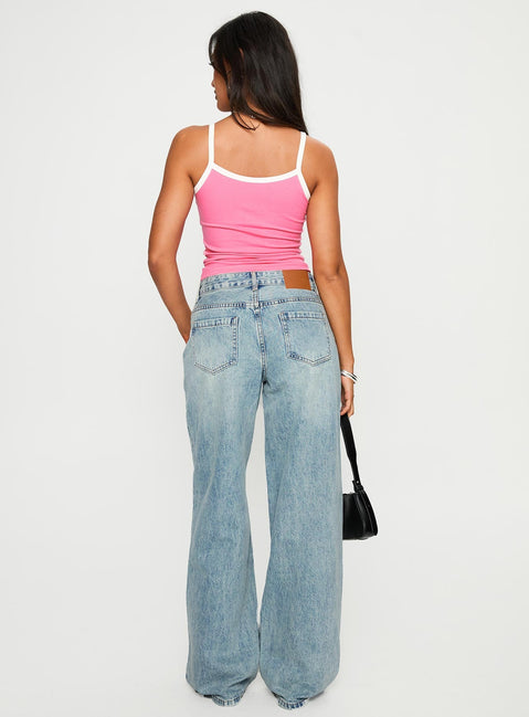 back view of model wearing Princess Polly Edge Of Town Mid Rise Straight Leg Jeans Vintage Blue Mid Rise Jeans Jeans 