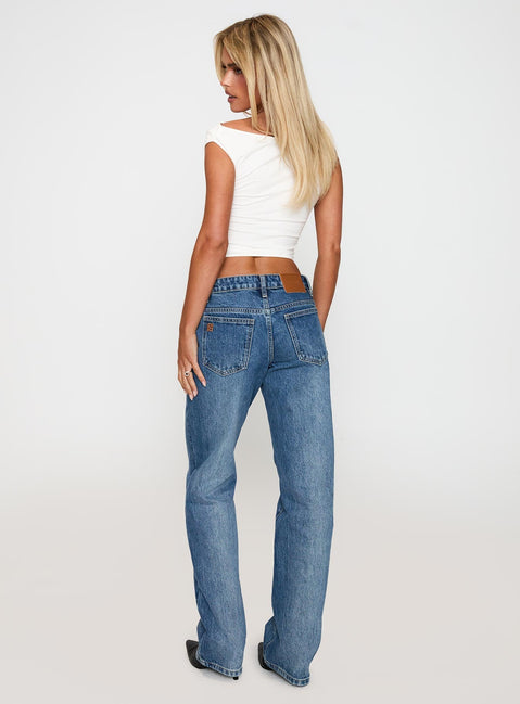 back view of model wearing Princess Polly Better Half Low Rise Jeans Horizon Blue Low Rise Jeans 