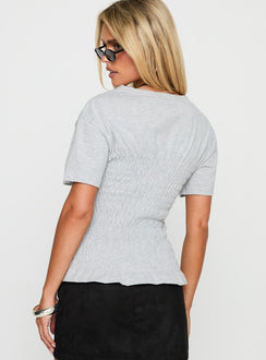 back view of model wearing Princess Polly Maybe Tomorrow Ruched Top Grey Half Sleeves Crew Neck 
