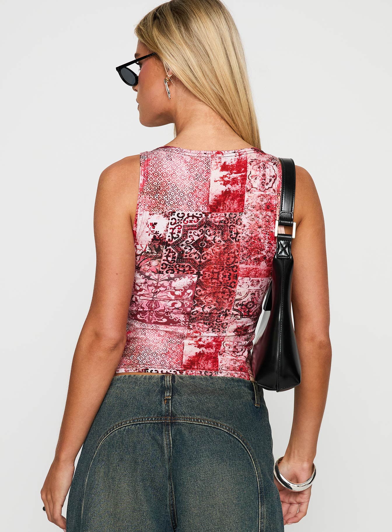 back view of model wearing Princess Polly Synchro Top Pink Paisley Sleeveless Crew Neck 