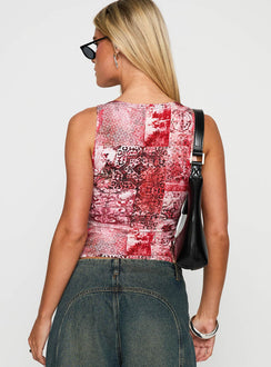 back view of model wearing Princess Polly Synchro Top Pink Paisley Sleeveless Crew Neck 