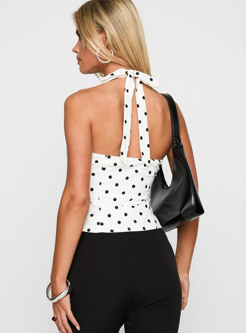 back view of model wearing Princess Polly Alter Of Love Halter Top White / Polka Dot Sleeveless Plunger 