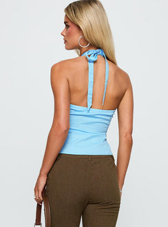 back view of model wearing Princess Polly Long Ago Ruched Halter Top Blue Sleeveless V-Neck 