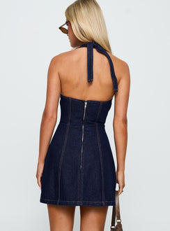 back view of model wearing Princess Polly Say Goodnight Denim Halter Mini Dress Mid Wash Plunger 