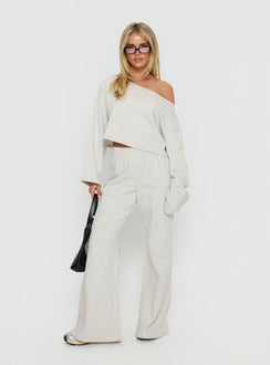 front view of model wearing Princess Polly Retreat Raw Edge Off Shoulder Jumper Snow Marle cropped 