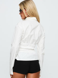 back view of model wearing Princess Polly Liesel Shirred Long Sleeve Top White Full Sleeves V-Neck 