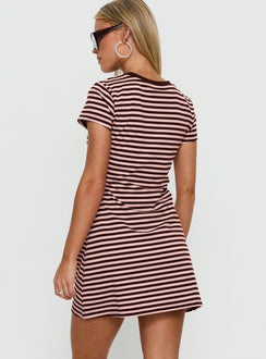 Settle Down Short Sleeve Mini Dress Pink / Brown Stripe