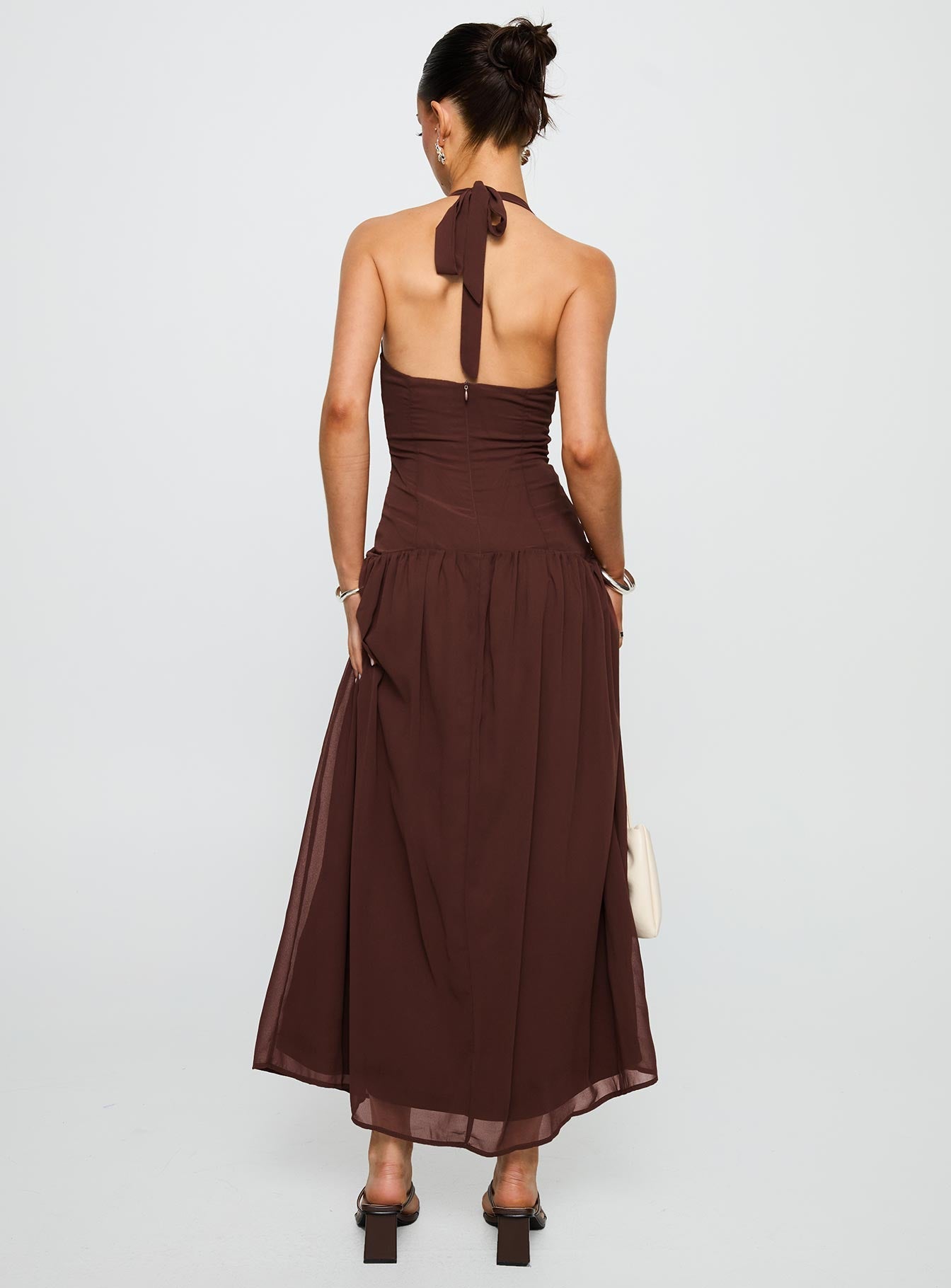 back view of model wearing Princess Polly Chestnut Drop Waist Maxi Dress Brown Plunger 