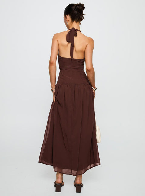 back view of model wearing Princess Polly Chestnut Drop Waist Maxi Dress Brown Plunger 
