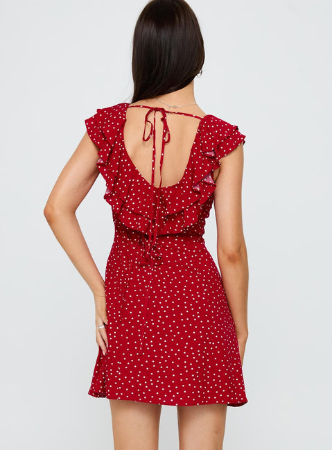 back view of model wearing Princess Polly Cherry Schnapps Flutter Mini Dress Red Polka V-Neck 