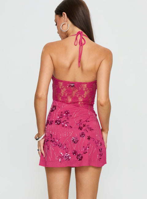 Havanna Halter Embellished Mini Dress Magenta
