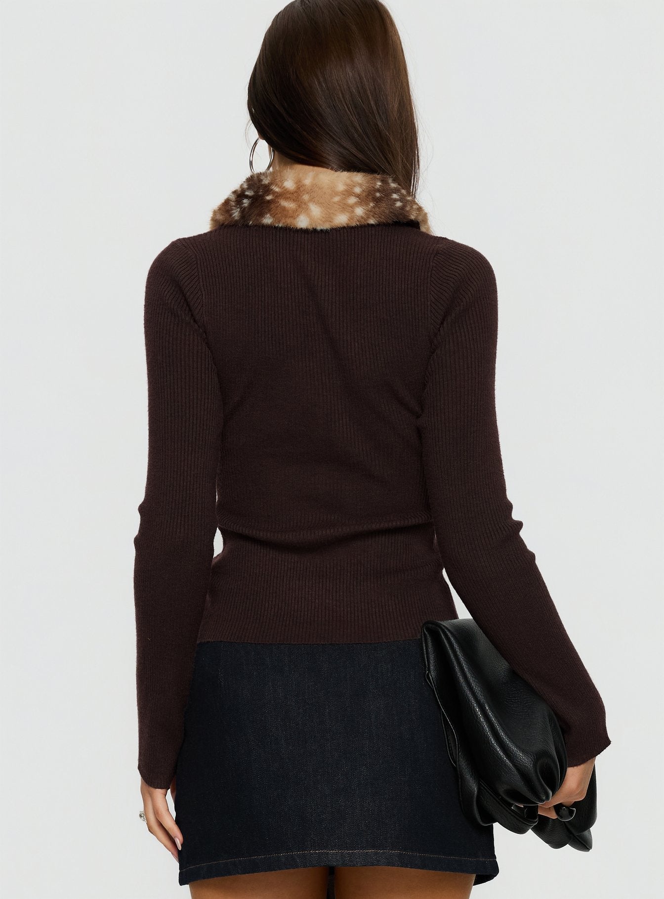 back view of model wearing Princess Polly Chiqueeta Faux Fur Trim Knit Cardigan Brown cropped 