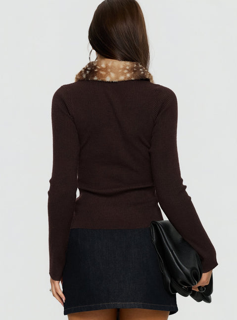 back view of model wearing Princess Polly Chiqueeta Faux Fur Trim Knit Cardigan Brown cropped 