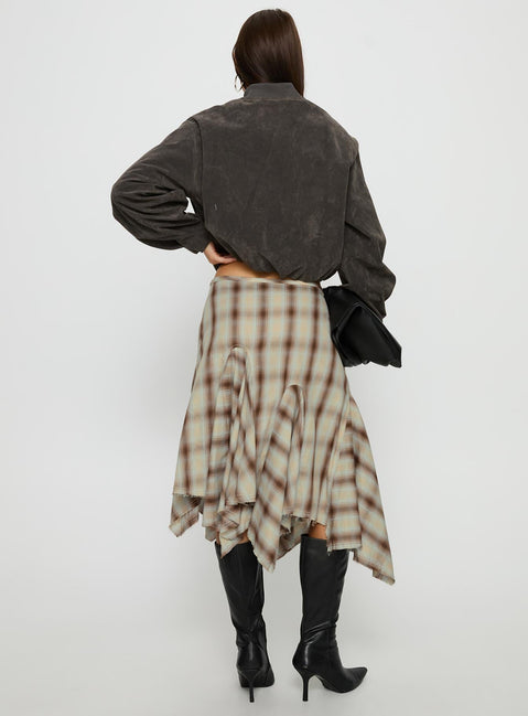 back view of model wearing Princess Polly Toshie Asymmetrical Midi Skirt Multi Check Midi Skirts 