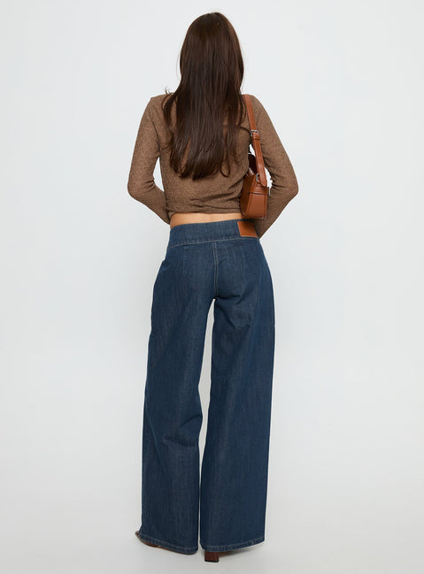 Unwritten Mid Rise Wide Leg Jeans Dark Blue Wash Petite