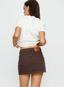 back view of model wearing Princess Polly Nickei Denim Mini Skirt Chocolate Mini Skirts Skirts 