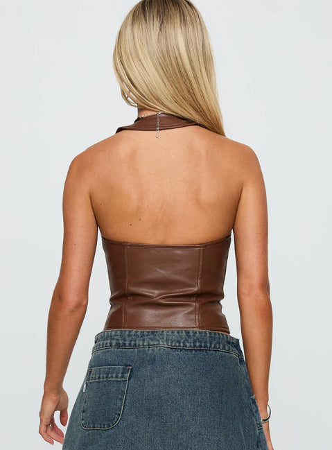back view of model wearing Princess Polly Light On Tie Up Faux Leather Top Chocolate Sleeveless Plunger 