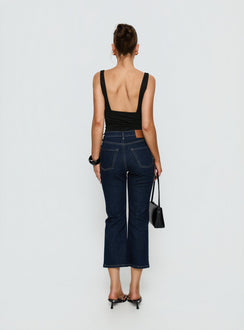 back view of model wearing Princess Polly Cindee High Rise Cropped Jeans Raw Indigo High Rise Jeans 