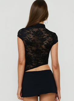 Juliena High Neck Asymmetrical Lace Top Black